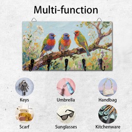 DELORIGIN A Row of Birds on A Branch Key Holder Wall Mounted Display Wooden Key Racks with 5 Metal Hooks Keys Hanger Storage Organizer for Wall Decorative Door Entryway Hallway Kitchen New Home Gift