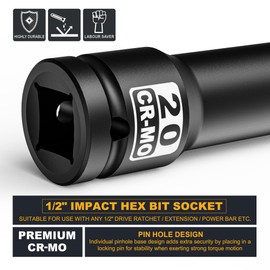 KIRXST 1/2" Impact Hex Bit Socket, H20 (20mm) Allen Key Socket, Premium CR-MO Steel, for Torque Wrench, Ratchet Wrench, Impact Power Drills