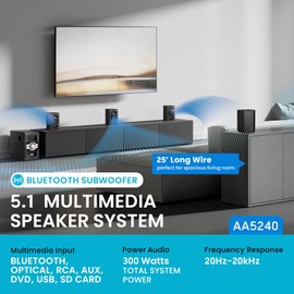 Acoustic Audio by Goldwood AA5240 Home Theater 5.1 Bluetooth Speaker System with USB and SD Inputs, Black