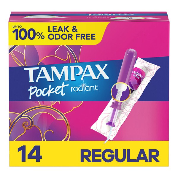 Tampax, Radiant Pocket Tampons, Plastic Applicator, Regular Absorbency, 14 Count