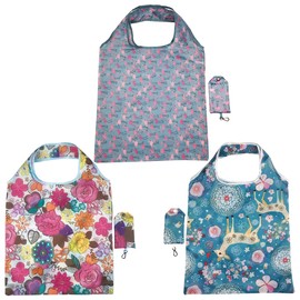 FAVORTALK Fold Up Shopping Bag 3 Pcs Reusable Shopping Bags Large Capacity Fold Up Shopper Bags with Flowers Pattern Washable Durable and Lightweight Groceries Bags - 8506