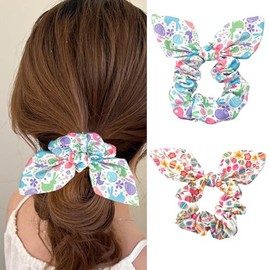 Easter Hair Scrunchies for Women Girls Bunny Flower Scrunchies for Thick Hair Bunny Ear Ponytail Holder Elastic Ties Spring Accessories Headbands Party Rubber Band 2Pcs (Easter A)