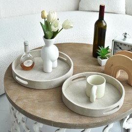 Set of 2 Round Shagreen Serving Tray Set, Ivory Wood with PU Leather Decor, Ideal for Coffee Tables, Ottomans, and Console Tables