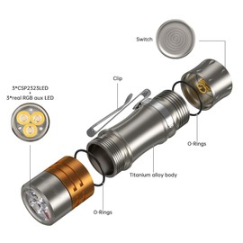 Wurkkos TS10 V2 6000K Pocket EDC Flashlight Titanium Alloy-Mini 90CRI LED Flashlight with Rechargeable Battery,1-1400 Lumen Brightness,3Pcs Color Aux LED,Anduril 2.0 UI