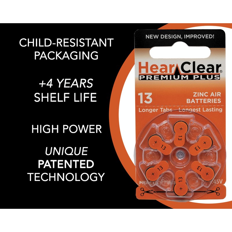 HearClear Size 13 PR48 1.45V Hearing Aid Batteries Orange Tab