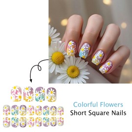Flower Press on Nails Medium Square Fake Nails White Daisy Flower Design False Nails Glossy Full Cover Colorful Glue on Nails Spring Summer Floral Acrylic Stick on Nails for Women Manicure Decor