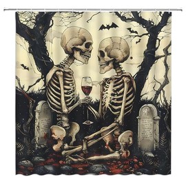 MSAYNFG Skull Couple Shower Curtain Dead Tree Graveyard Bat Fabric Bathroom Decor Set with Hooks Fabric Bathroom Decor Set with Hooks