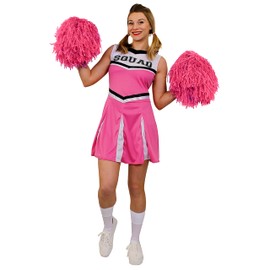 Ladies Cheerleader Costume with Pom Poms - Womens Highschool American Style Fancy Dress Party Outfit (Pink – UK 10-12)