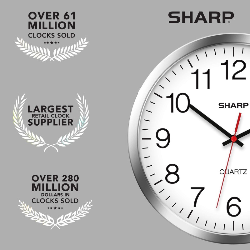 SHARP Wall Clock – Silver/Chrome, Silent Non Ticking 10 Inch