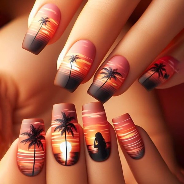 Sunset Press on Nails Medium Square Fake Nails with Orange