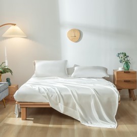 Revdomfly 3 Pcs Twin Size Luxury Silky Soft Cream Satin Sheet Set,1 Premium Moisture Wicking Fitted Sheet Fits Up to 16 Inches Deep Pocket + 1 Flat Sheet + 1 Pillowcases（Cream, Twin）