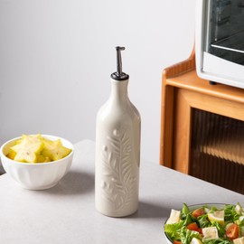 Sweejar Large Olive Oil Dispenser Bottle with Spout, 24 Oz Ceramic Oil Dispenser for Kitchen, Relief Opaque Oil Cruet, Oil Container for Cooking, EVOO, Avocado Oil, Vinegar, Pack of 1 (Beige)