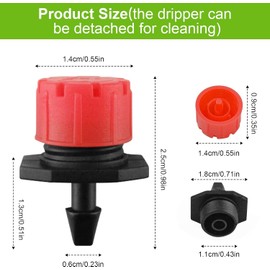 Rolcoassuns 100Pcs 1/4 Inch Adjustable Irrigation Drippers, 360° Micro Drip Emitters for Garden Watering System, Anti-Clogging Sprinklers for 4mm/7mm Hoses, Red