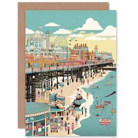 Artery8 Brighton Beach Pier and Sandy Summer Scene Travel Birthday Sealed Greeting Card Plus Envelope Blank inside