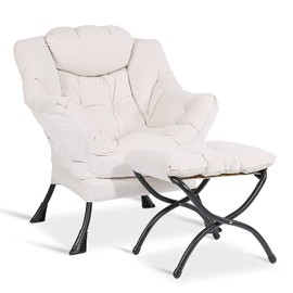 MEETWARM Modern Velvet Fabric Lazy Chair with Ottoman, Accent Contemporary Lounge Chair, Upholstered Single Leisure Sofa Chair with a Side Pocket, Armrests and Thick Padded Back for Living Room(Beige)