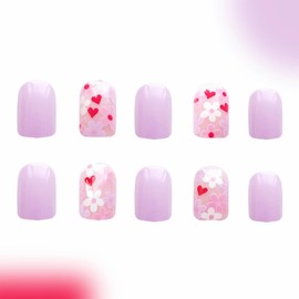BABALAL Purple Press on Nails Short Square Fake Nails Heart Glue ons Nails 24Pcs Flower Acrylic Nails 24Pcs Coquette Full Cover False Nails