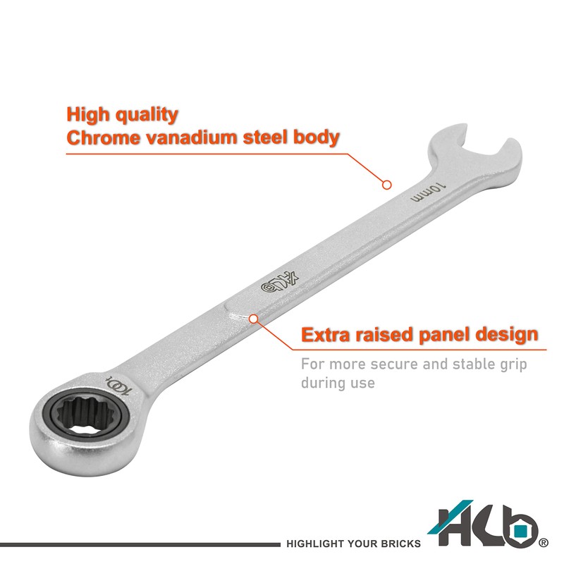 HB 10MM 100-Tooth Combination Ratchet Wrench, 3.6 degree swing arc,