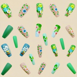 Green Press on Nails Medium Nails Press ons Coffin Fake Nails with Floral Designs Matte Acrylic Nails Spring Glue on Nails Summer False Nails Cute Stick on Nails for Women 24Pcs