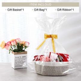 LANDNEOO Small Woven Basket with Gift Bags and Ribbons, Empty Decorative Gift Chest Box, Cute Baby Gift Basket for Nursery, Cotton Rope Room Shelf Storage Basket with Handles, 12"x 8"x 5", Brown