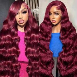 Dorashion 99j Burgundy Lace Front Wigs Human Hair 13x4 HD Transparent Body Wave Human Hair Lace Front Wigs 180 Density Pre Plucked Red Colored Glueless Hair Wig for Women with Baby Hair 24 Inch
