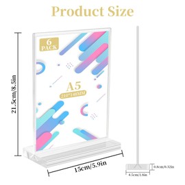 Acuxiaza A5 Acrylic Sign Holder with Base 6 Pack Menu Holders for Tables T-Shaped Double Sided Display Stand Clear Menu Poster Holder Stand for Restaurant, Hotel, Office, Documents