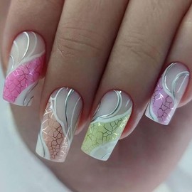 Press on Nails Square Medium Glossy Full Cover Acrylic Square Medium False Nails with Plaids Line Designs Artificial Short Coffin Fake Nails Glue Stick on Fingernails for Women Girls