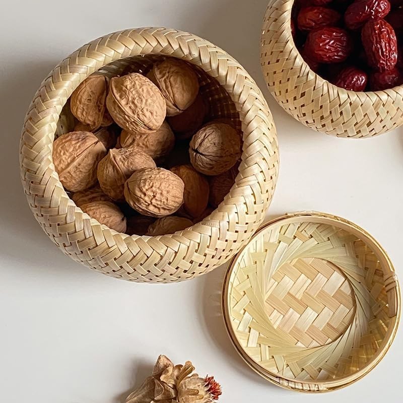 Roundsky Set of 2 Small Decorative Bamboo Baskets with Lid