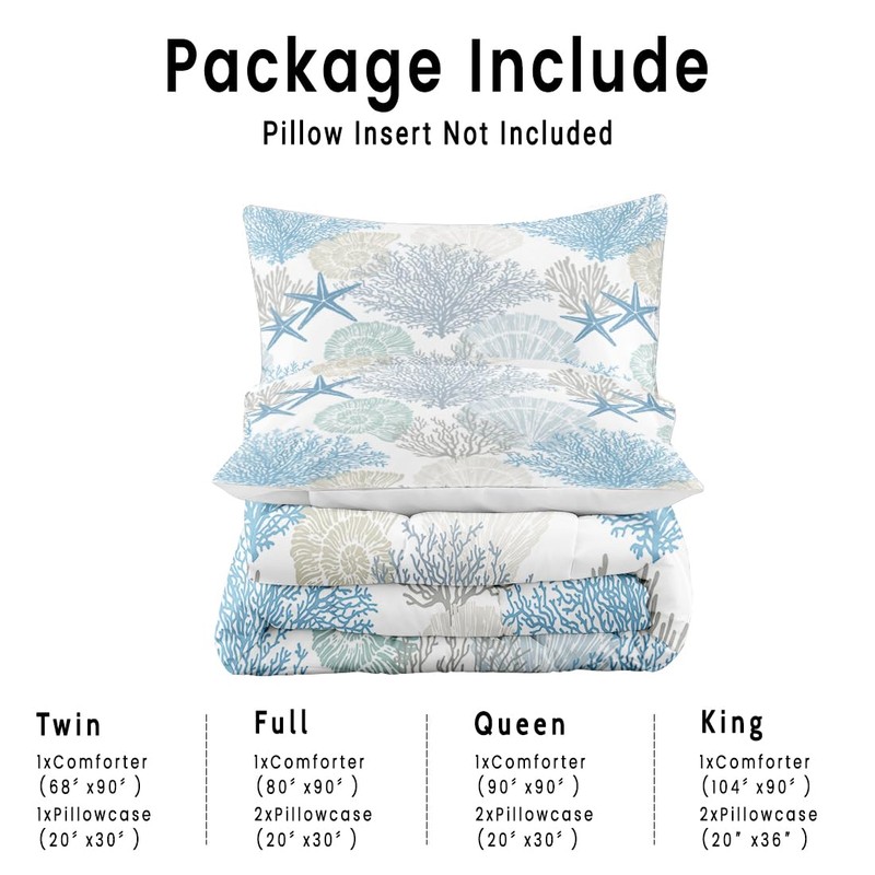 Yilinata Coastal Comforter Set Summer Beach Blue Shells Printed Pattern