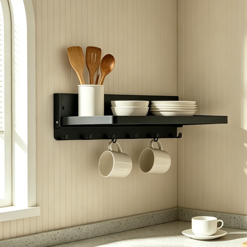 OPSELU Small Folding Metal Shelf with Hooks, Fold-up Wall Shelf,