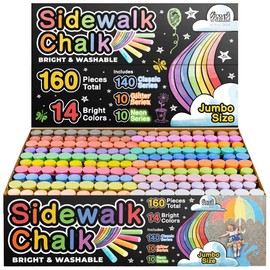 160 Pcs Jumbo Sidewalk Chalk for Kids - Bulk Set with 140 Classic, 10 Glitter, and 10 Neon Washable Chalks - Non-toxic Paint Outdoor Chalk for Kids and Toddlers - Big Bucket Chalk for Party