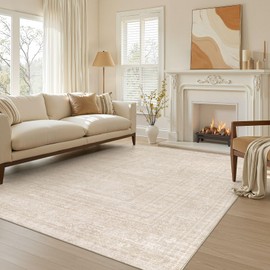 Nakagishi 5x7 Area Rugs Living Room: Washable Large Vintage Rug Neutral Non-Slip Soft Stain Resistant Indoor Carpet for Bedroom Nursery Dining Room Office Playroom - Beige