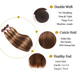 Bundles with Closure Ombre Human Hair 10A Highlight Brown 3 Bundles Human Hair with 4x4 Lace Closure 14 16 18+14inch Free Soft Straight Blonde Brown Human Hair Extensions