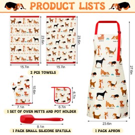 Hoolerry 6 Pcs Dog Kitchen Apron Dish Towels Oven Mitts and Pot Holders Sets with Silicone Spatula for Women Wife Grandma Cooking Baking Gifts (Brown)