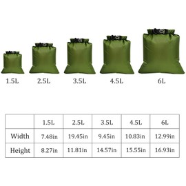 Pack of 5 Waterproof Bags, 1.5/2.5/3.5/4.5/6 L Pack Bags, Waterproof Pack Bag, Portable Pack Sack, Waterproof, Ultralight for Kayaking, Diving, Hiking, Camping, Outdoor, Green