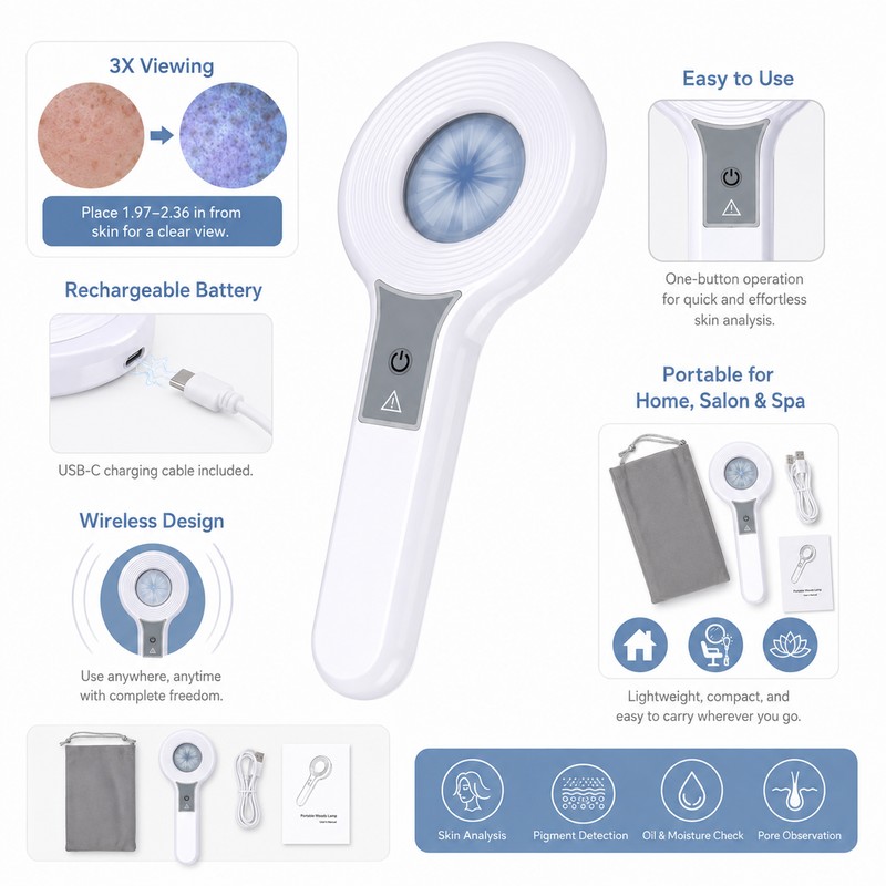 Skin Analysis Magnifier for Beauty Care – Rechargeable 3X Wood
