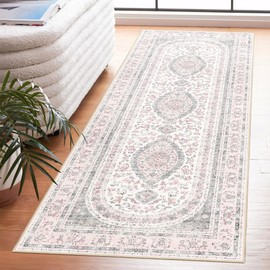 Castage Washable Runner Rug 2x6,Pink Rug Runners Non Slip,Long Boho Rugs for Hallways Kitchen Bedroom Entryway Bathroom,Vintage Bohemian Distressed Farmhouse Floor Carpet,Grey Blush Floral
