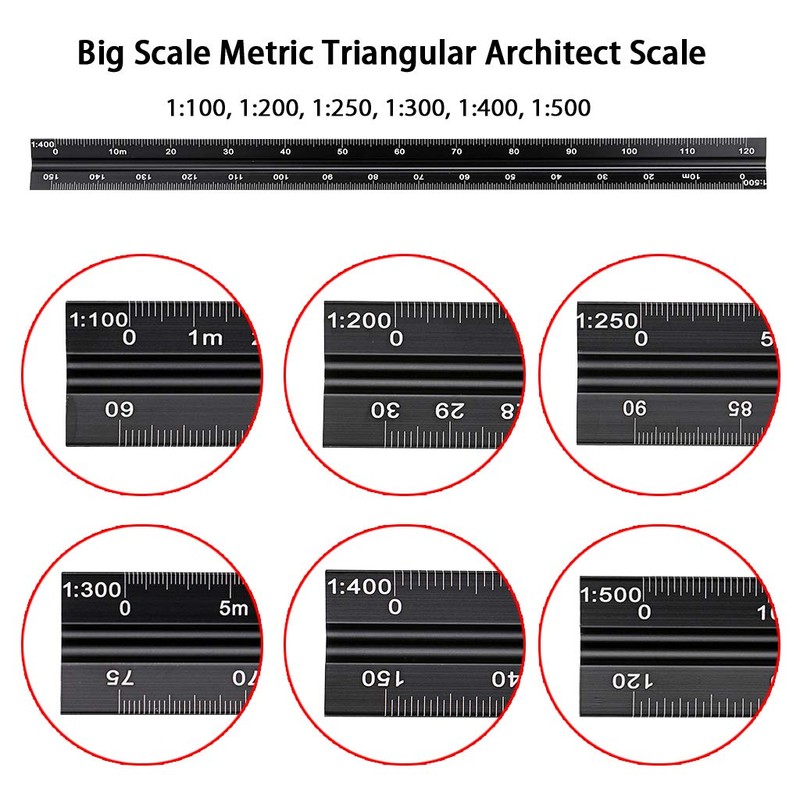 OwnMy 30CM Solid Aluminum Metric Triangular Architect Scale Ruler Set,