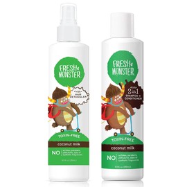 Fresh Monster Hair Detangler Spray & 2-in-1 Shampoo & Conditioner, Coconut, Toxin-Free, Hypoallergenic & Natural (8.5 oz each)