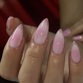 Gifiky 24Pcs French Glitter Tip Press on Nails - Short Almond False Nails with Acrylic Gradient Design, Cute Pink Fake Nails for Women,Reusable Glue on Nails Full Cover Tips