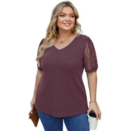 OLRIK Plus Size Tops for Women Summer Blouse Waffle Knit Short Lace Sleeve Shirts Rust Red-2X