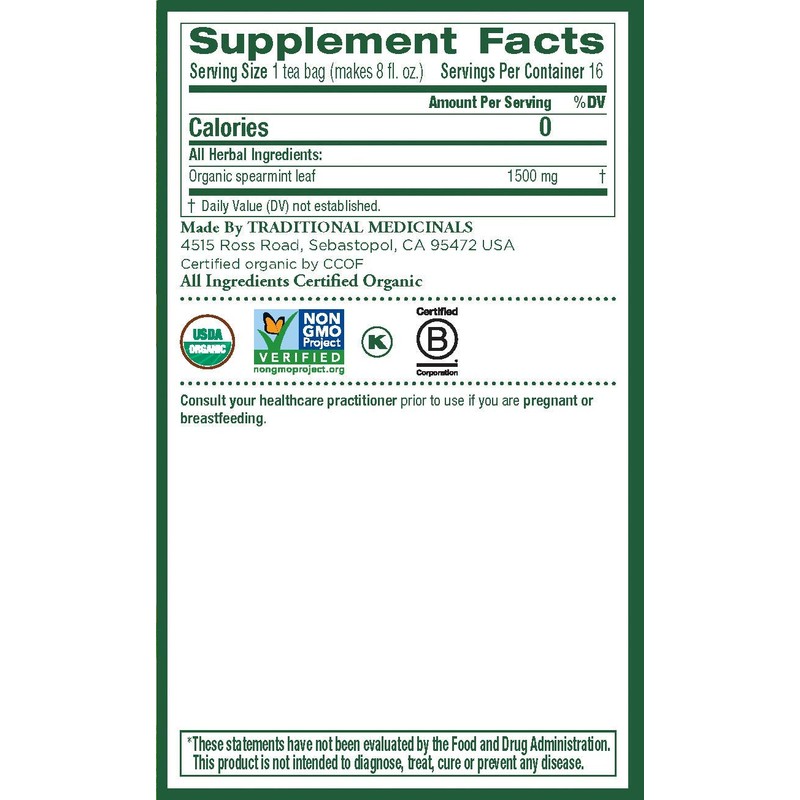 Traditional Medicinals Organic Spearmint Herbal Tea, 16 Tea Bags (Pack