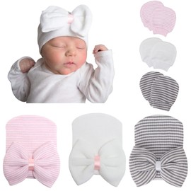 DRESHOW Newborn Baby Hat Mittens Hospital Hat Beanie Infant Hats with Bow Baby Gloves for 0-3 Months, 3 Sets M: Bow Hats & Mittens