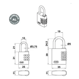 Amig - Security Padlock | with Digit Combination | Code Numbers | keyless | Aluminium | Grey | for Gym lockers, Travel suitcases, Backpacks, Luggage | Width: 35 mm