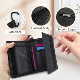 AdiStylinno Men's Wallets, Portable Trifold Purse with Carabiner, Short Slim Card Holder Wallet with Zipper Coin Pocket, Minimalist Money Clip with Multiple Card Slots (Black)