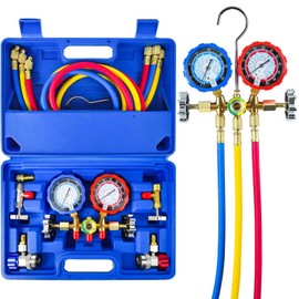 CALPOSE Juego de Manómetros de CA de 3 Vías, para Refrigerantes R134a R410a R12 R22 R502, con Mangueras de 1.5 m, Adaptador R410a, Punción y Tapa de Sellado