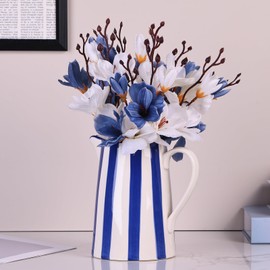 Decorative Ceramic Pitcher Vase, Blue and White Striped Flower Vase,Rustic Home Decor Ceramic Vases, for Table Centerpiece Living Room Bedroom Dining Room Office Bookshelf Decor (B-Stripe)