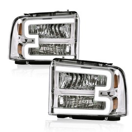 PIT66 LED DRL Headlight Assembly Fit for 2005-2007 Ford F250 F350 F450 F550 Super Duty/ 2005 Excursion,(Not Fit Sealed Beam Headlight model) Headlamp Clear Lens Chrome Housing Amber Reflector
