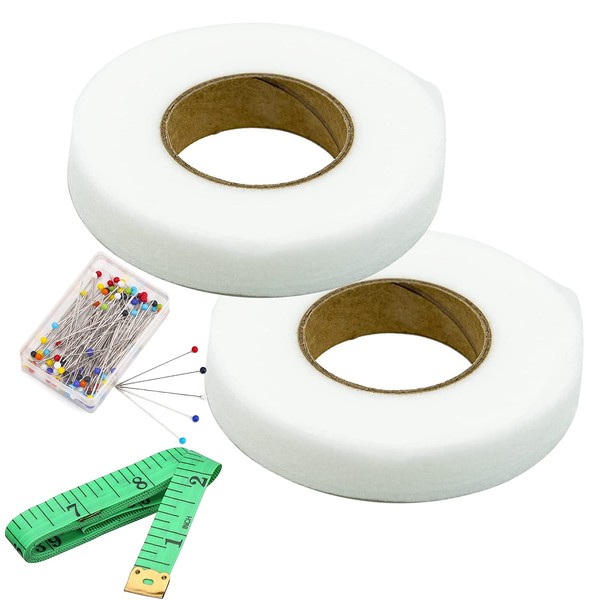 Pack of 2, 140 Yards Wonder Web Hemming Tape, 20mm & 15mm Wide No Sewing Iron-on Hem Tape Fabric Fusing Tape with 50 Pcs Sewing Pins & Soft Tape Measure for Jeans Curtain Trousers Garment Cloth