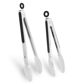 WINPOST Stainless Steel Kitchen Tongs Set of 2-27cm and 34cm,Stainless Steel and Non-Slip Heat Resistant Handle - Great for Cooking, Salad, Grilling and Barbecue (27cm+34cm, Black)