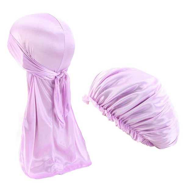 2pcs/Set Durag and Bonnet Long Tail Satin Doo rag Elastic Turban Sleep Cap Solid Color Light Purple